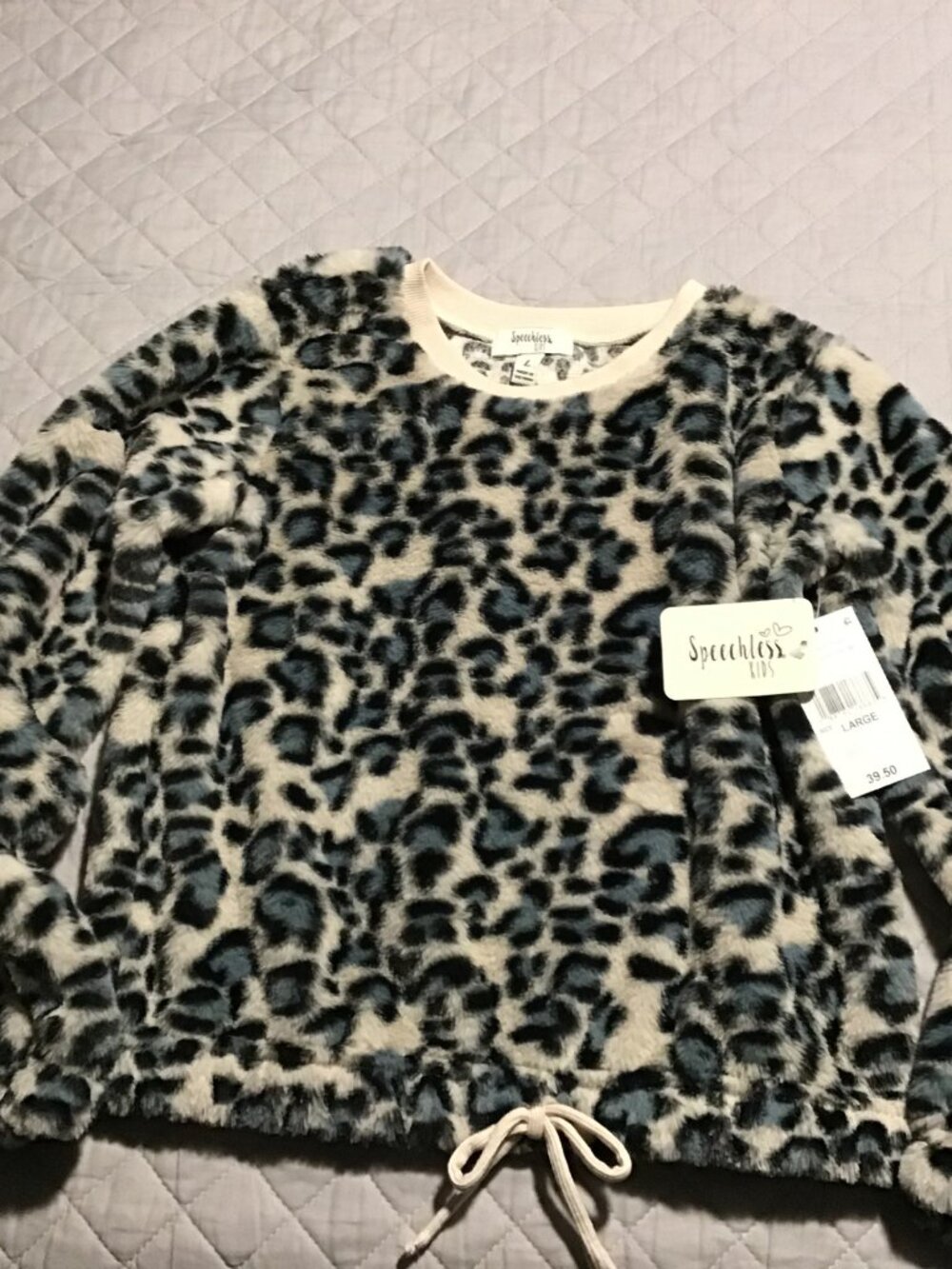 New Speechless Girl's Size Large Faux fur Leopard Sweatshirt--blue/black/cream